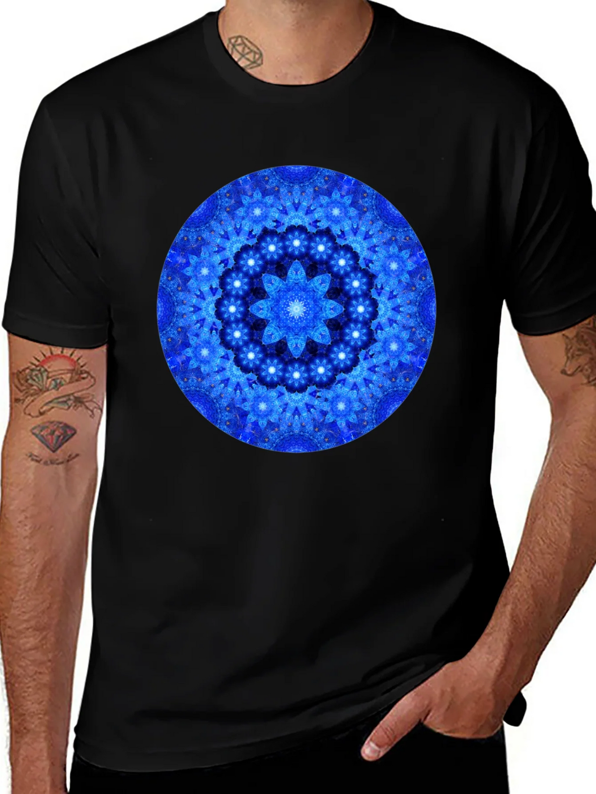 Blue Mandala Graphic Print Black T-Shirt