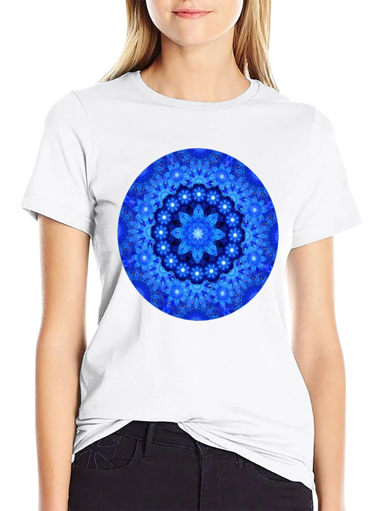 Blue Mandala Graphic Print Black T-Shirt