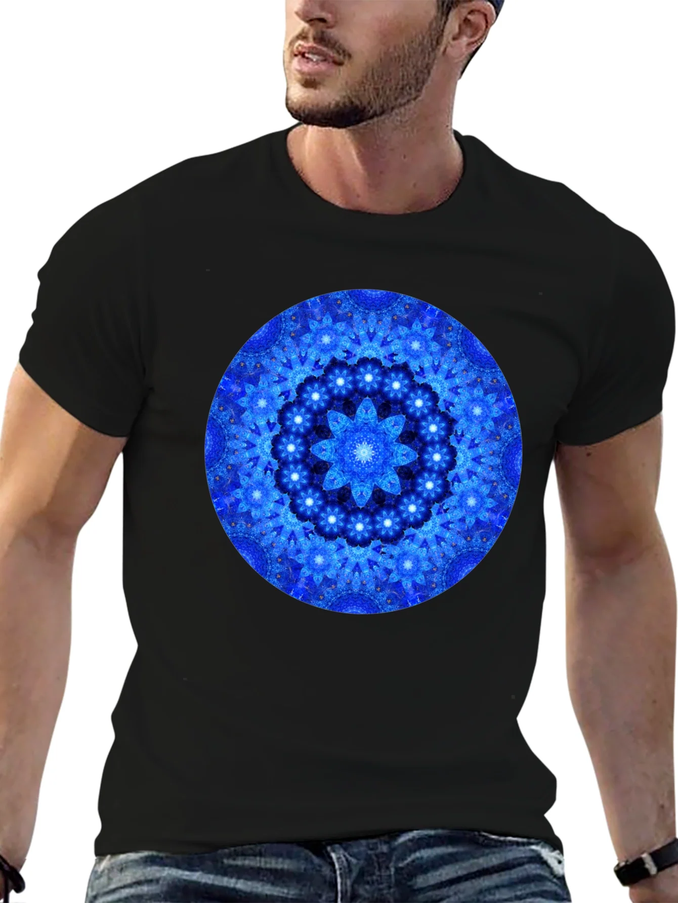 Blue Mandala Graphic Print Black T-Shirt