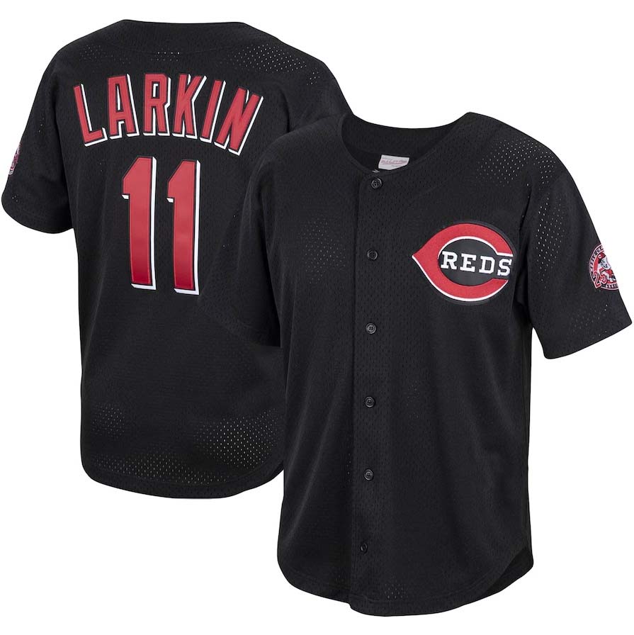 Cincinnati Reds #11 Barry Larkin  Cooperstown Collection Mesh Batting Practice Button-Up Jersey - Black Baseball Jerseys