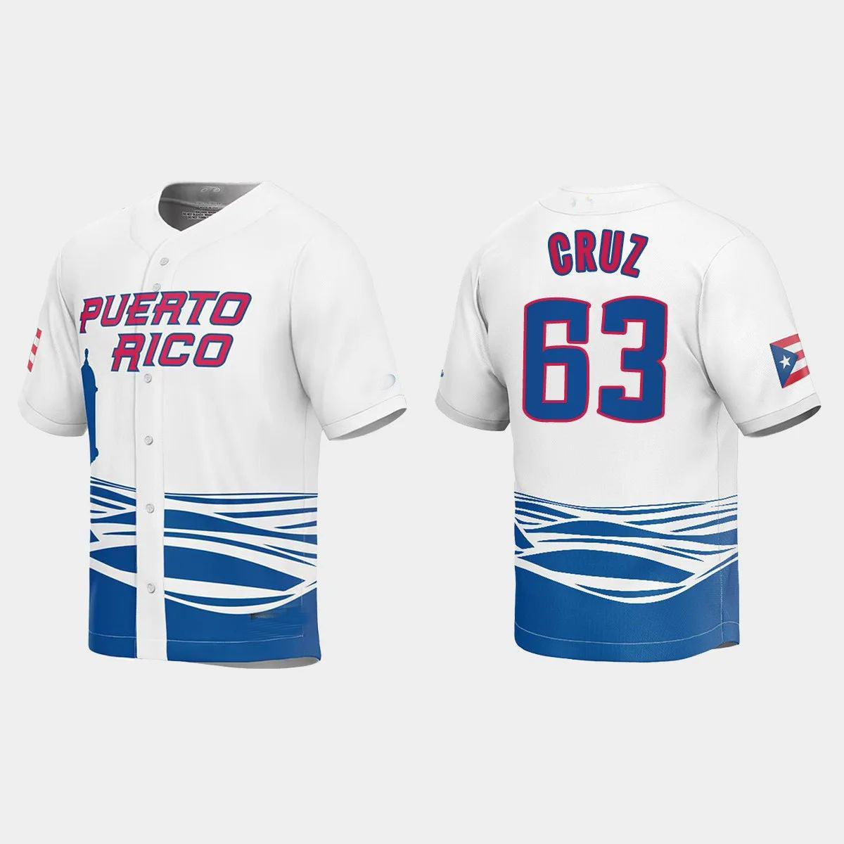#63 FERNANDO CRUZ PUERTO RICO BASEBALL 2023 WORLD BASEBALL CLASSIC JERSEY C WHITE Stitches Baseball Jerseys