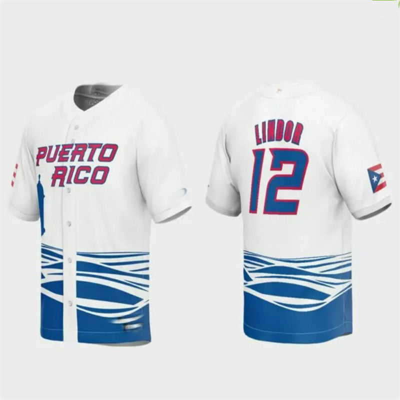 #12 Francisco Lindor Puerto Rico Baseball 2023 World Baseball Classic Replica Jersey C White Stitches Baseball Jerseys