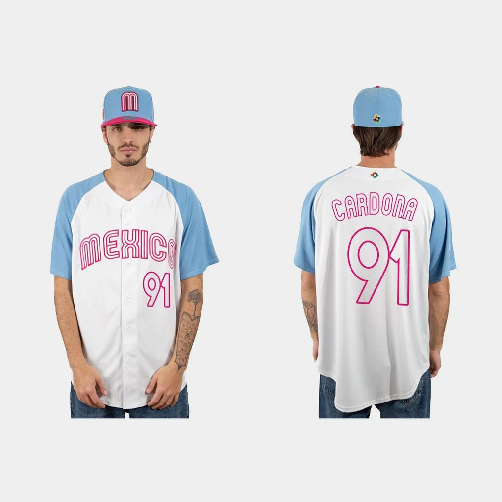 #91 JOSE CARDONA MEXICO BASEBALL 2023 WORLD BASEBALL CLASSIC JERSEY C WHITE BLUE Stitches Baseball Jerseys