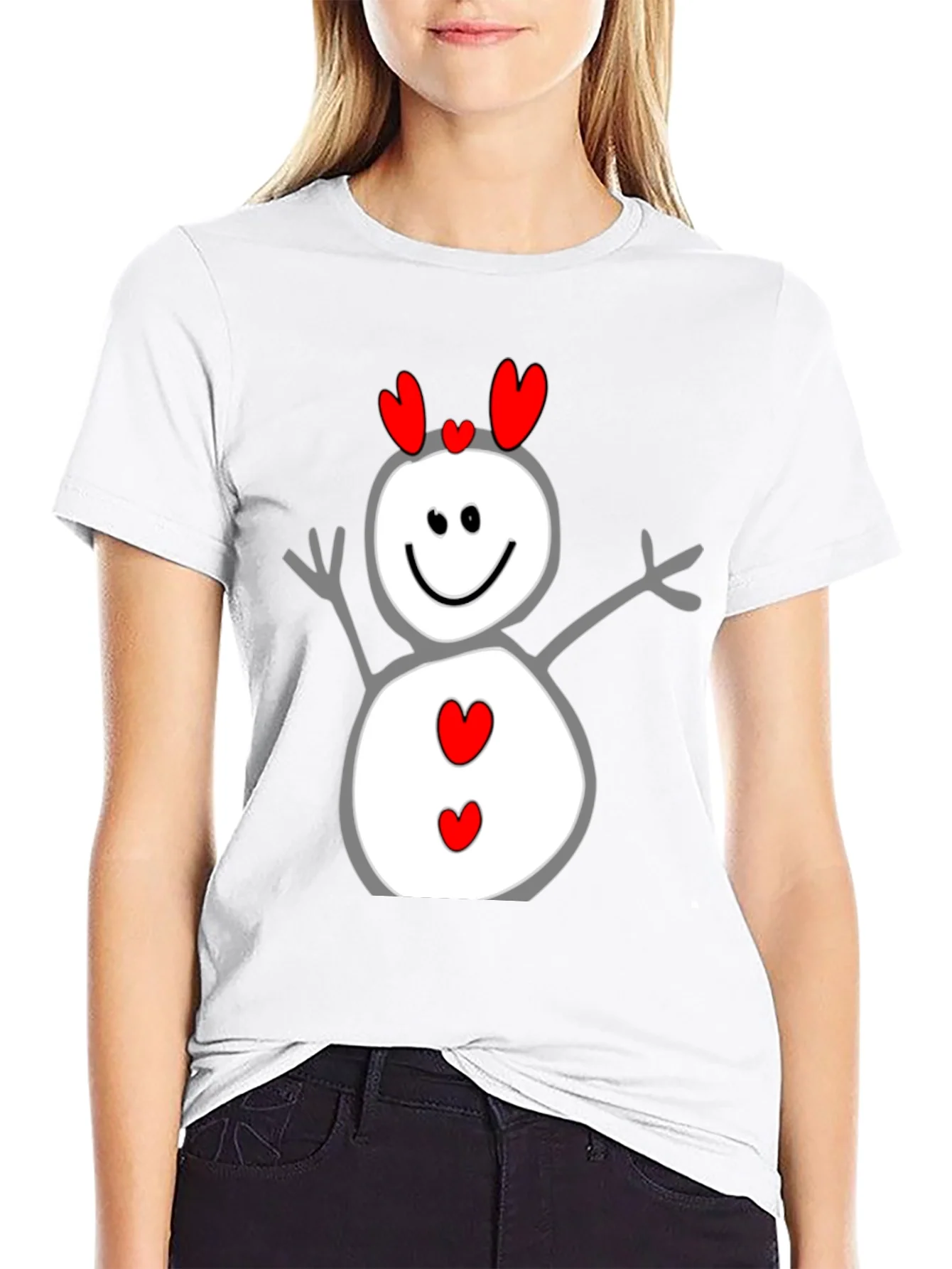 Heart Snowman Graphic Tee - Black Cotton Blend