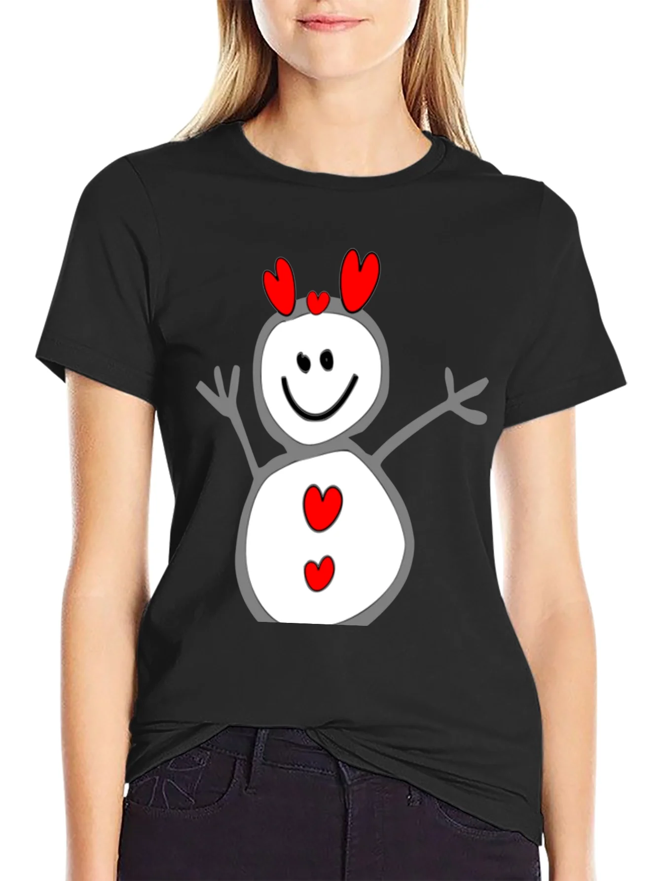 Heart Snowman Graphic Tee - Black Cotton Blend