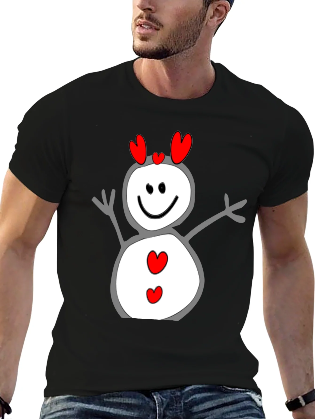 Heart Snowman Graphic Tee - Black Cotton Blend