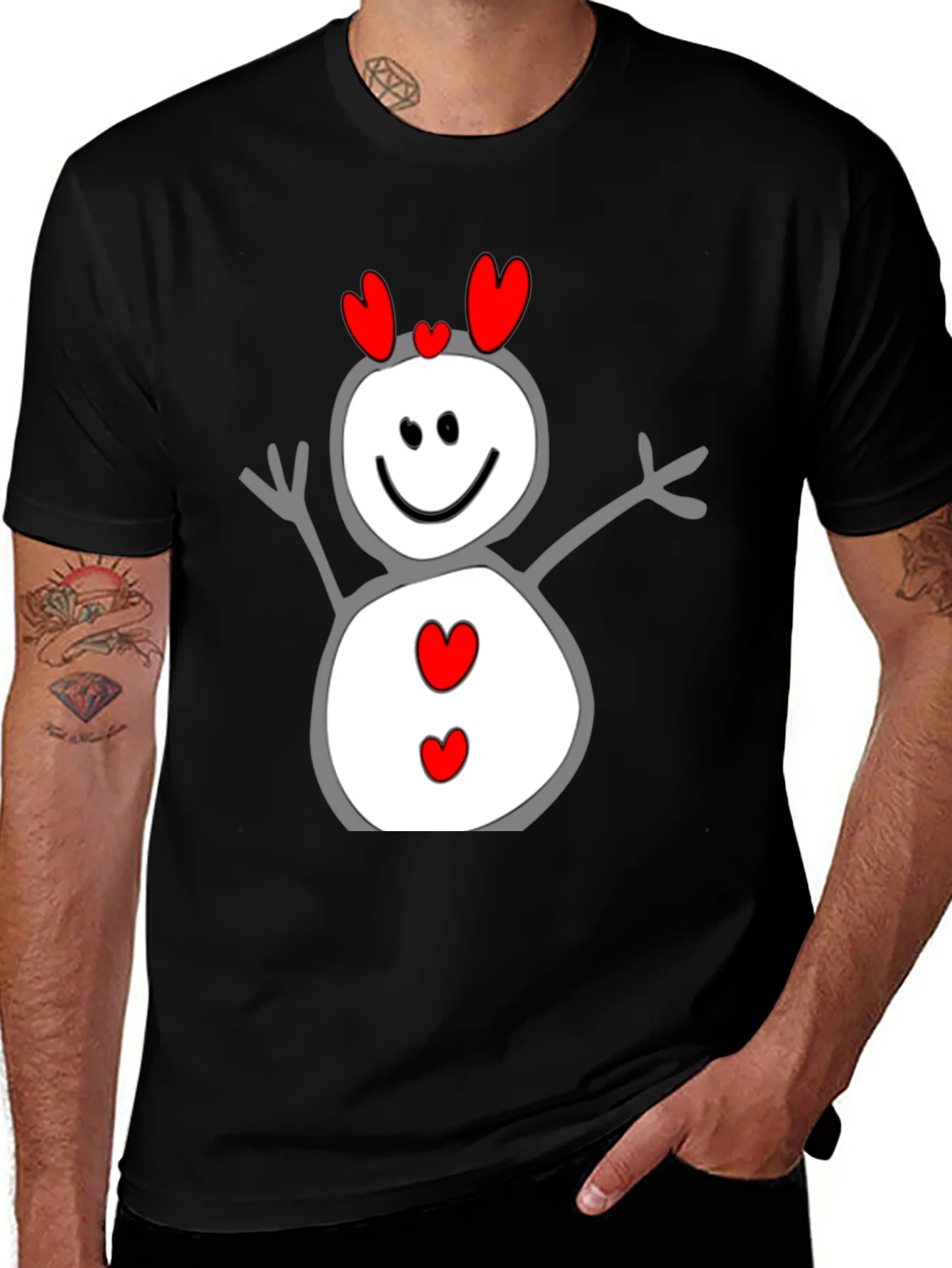 Heart Snowman Graphic Tee - Black Cotton Blend