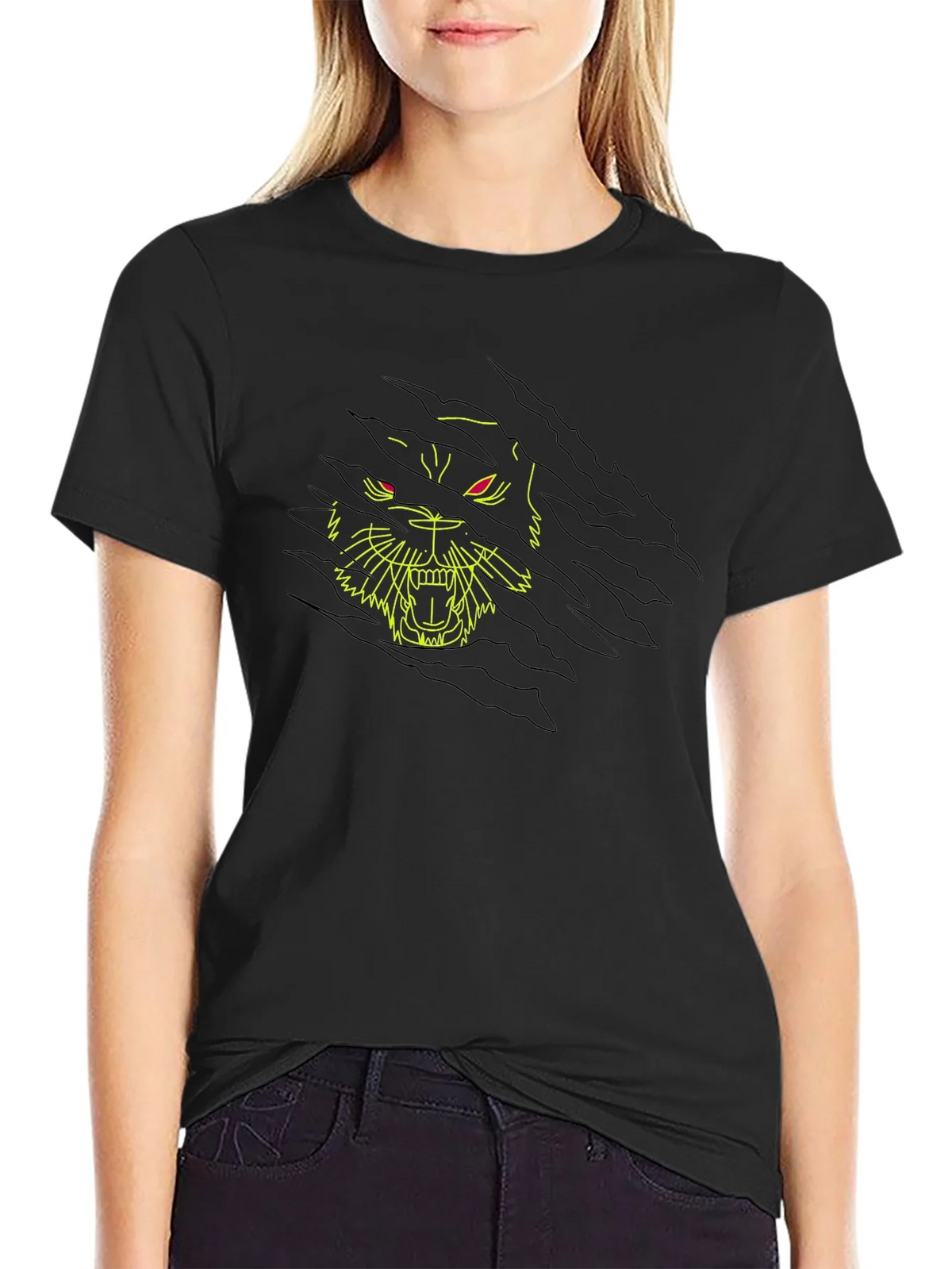 Black T-Shirt with Ripped Graphic Tiger Design