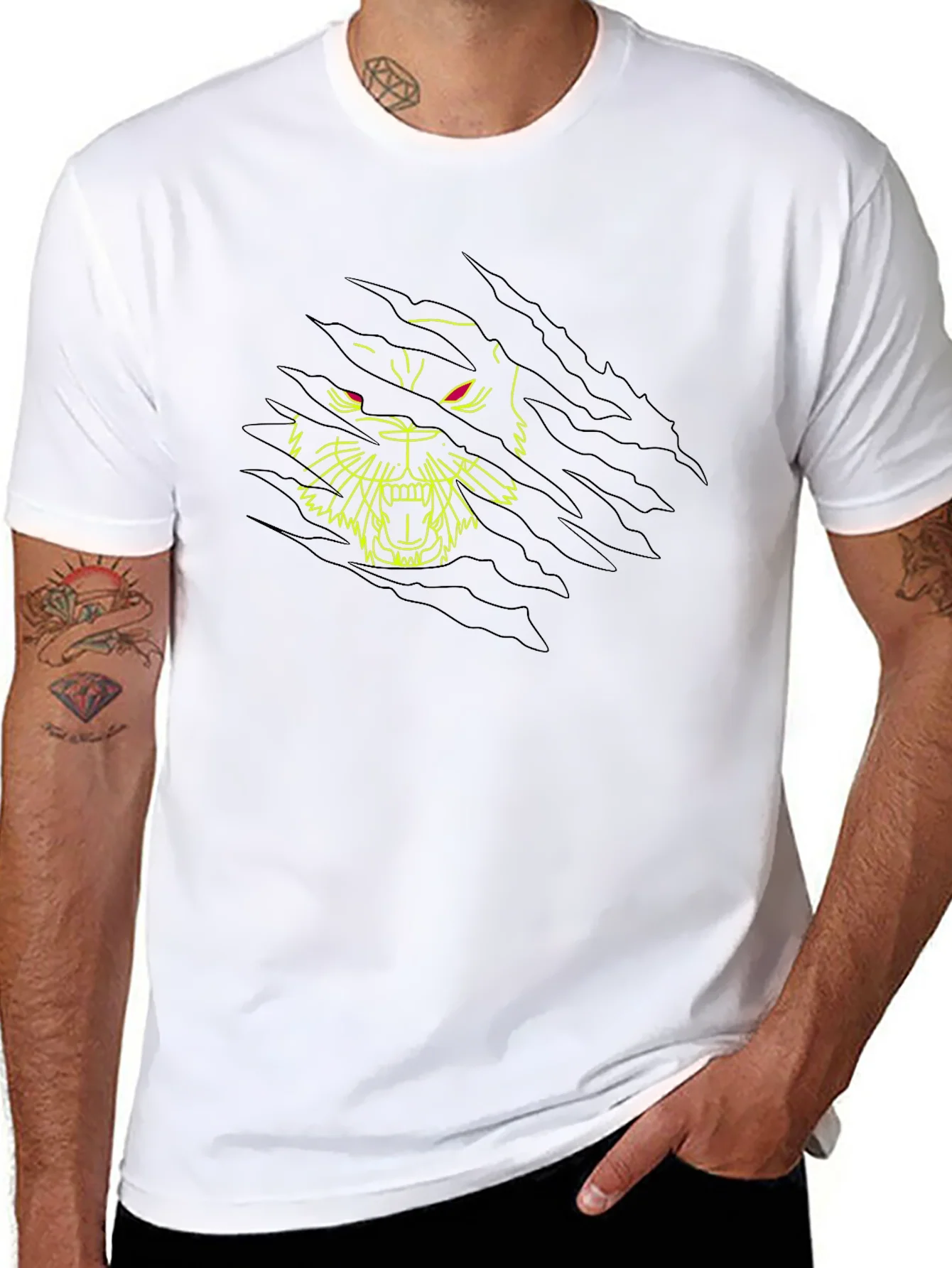 Black T-Shirt with Ripped Graphic Tiger Design