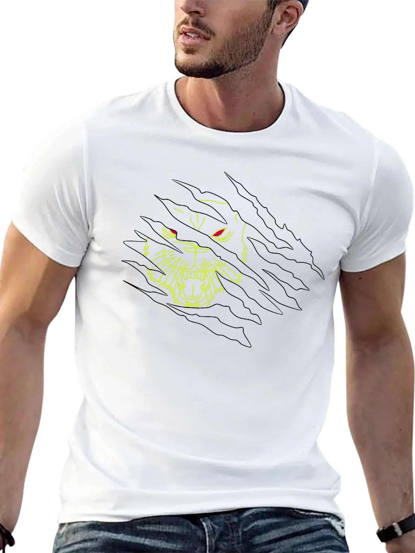 Black T-Shirt with Ripped Graphic Tiger Design