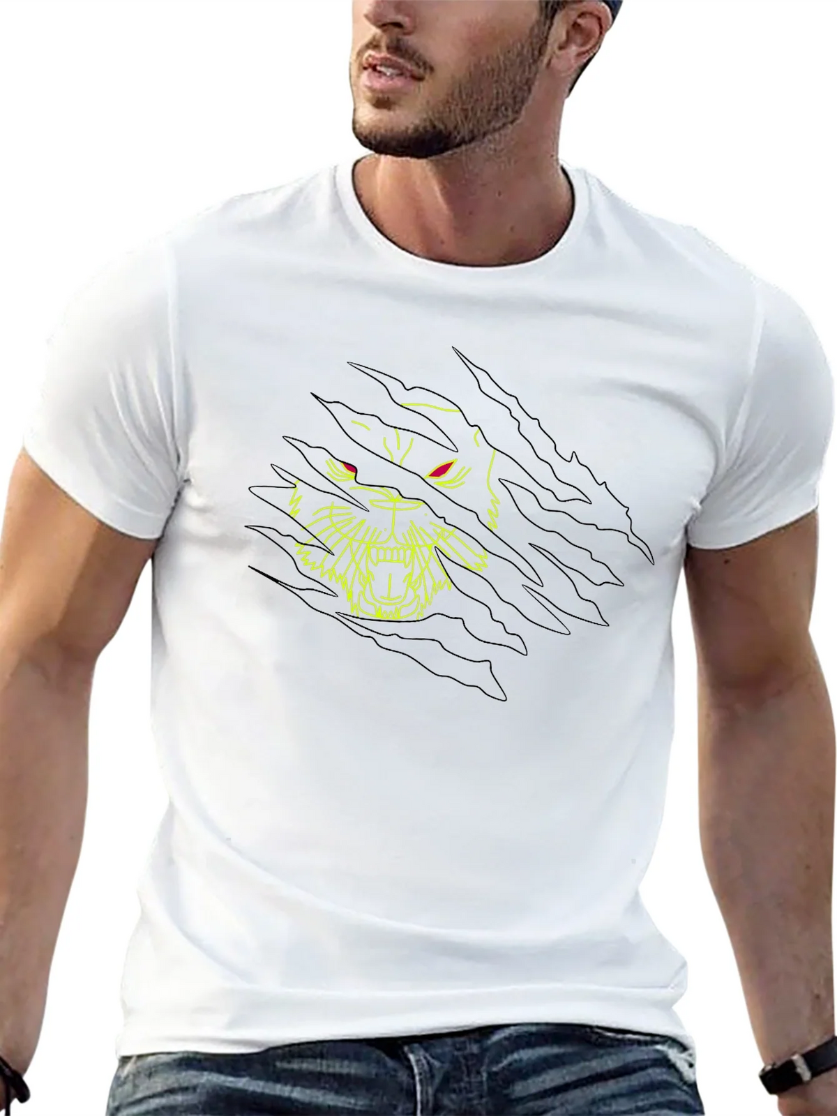 Black T-Shirt with Ripped Graphic Tiger Design