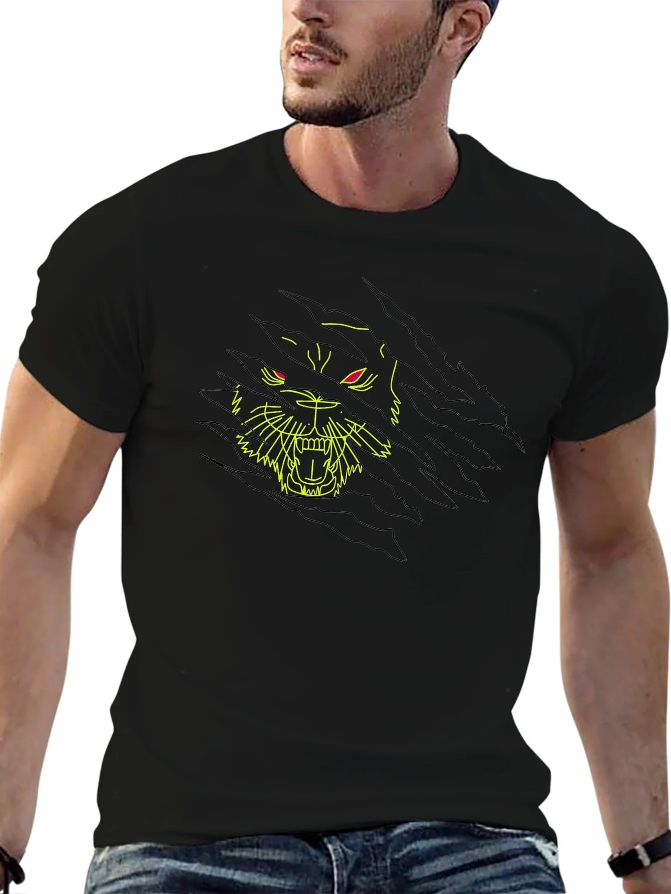 Black T-Shirt with Ripped Graphic Tiger Design