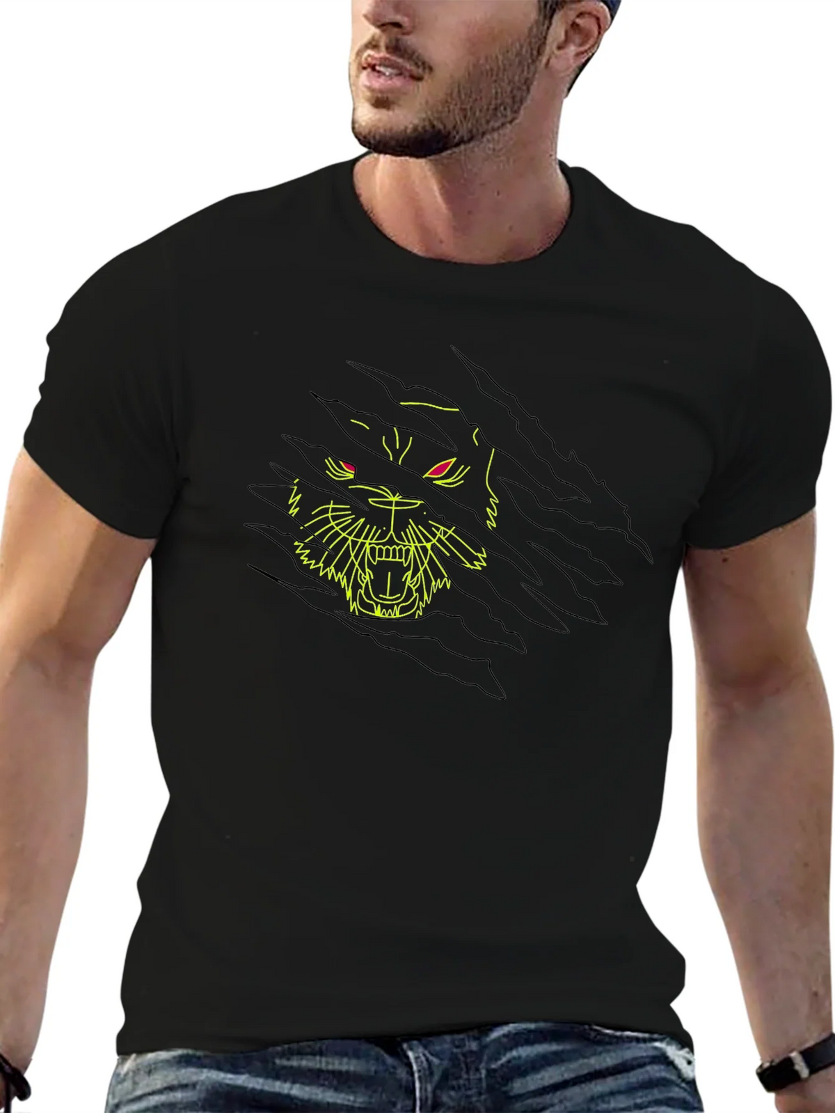 Black T-Shirt with Ripped Graphic Tiger Design