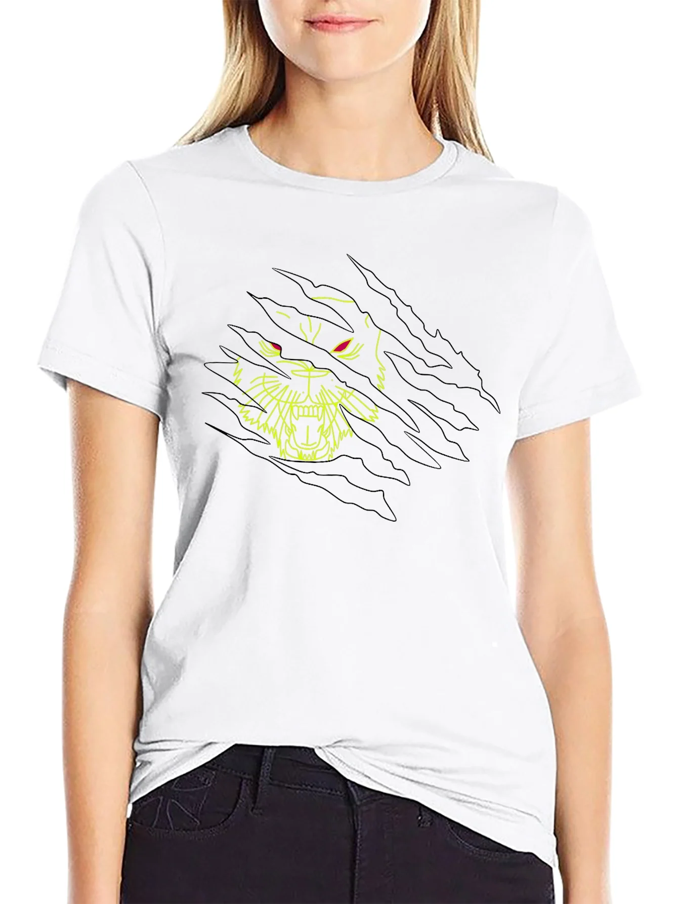 Black T-Shirt with Ripped Graphic Tiger Design