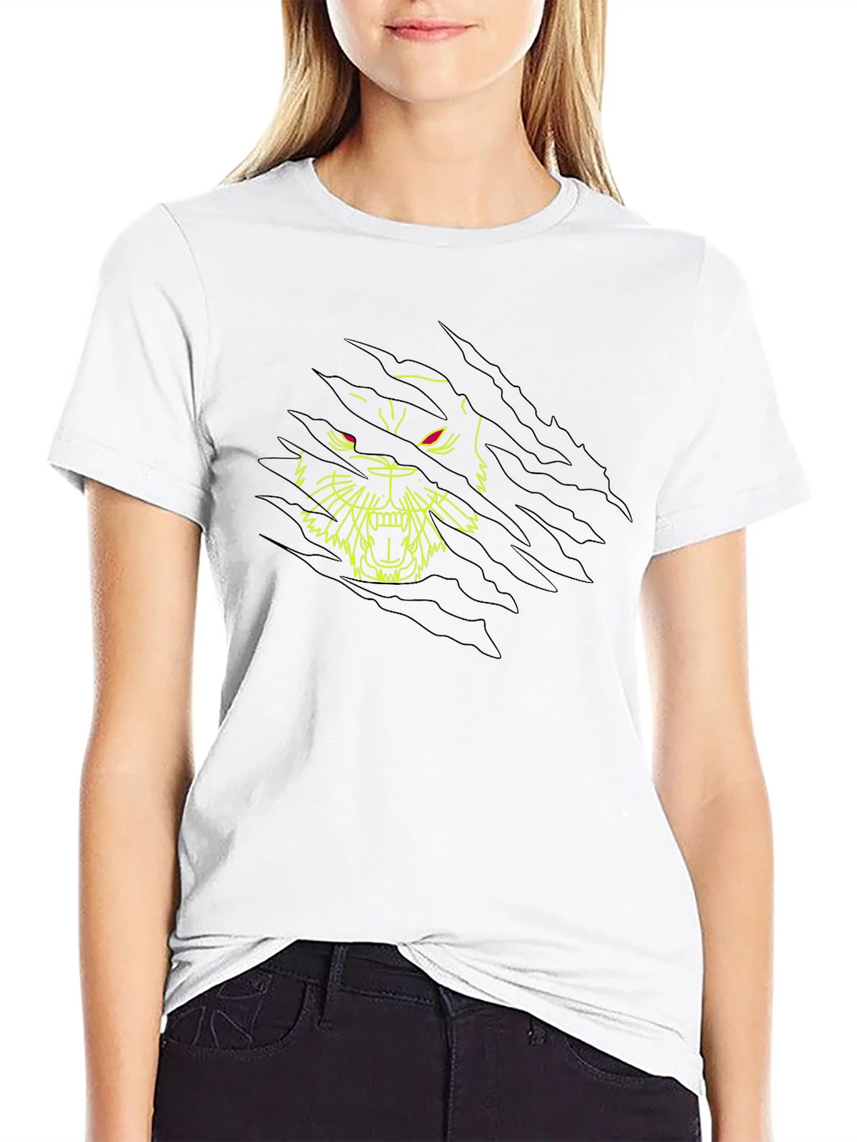 Black T-Shirt with Ripped Graphic Tiger Design