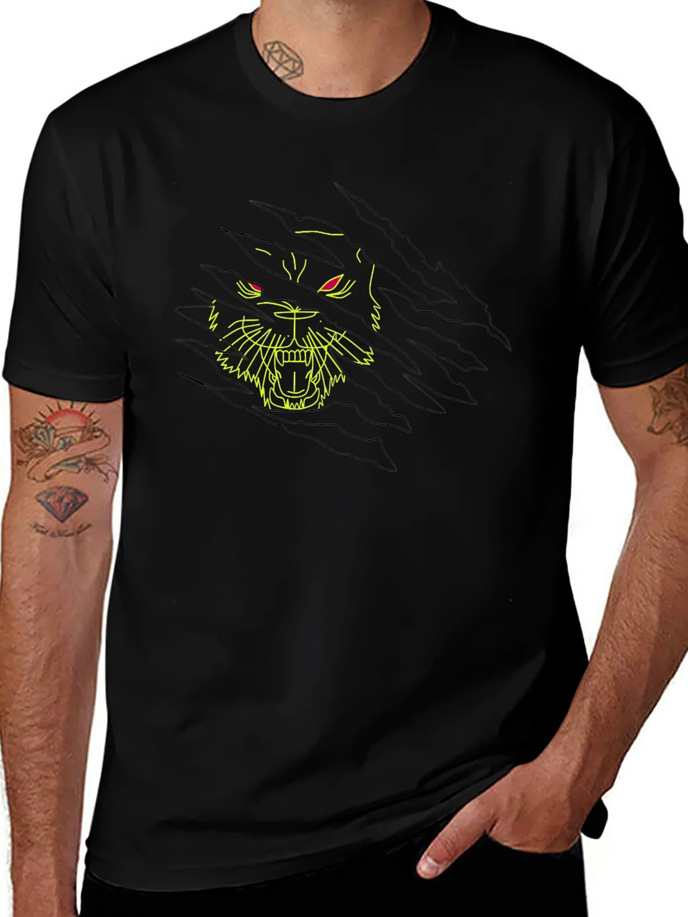 Black T-Shirt with Ripped Graphic Tiger Design