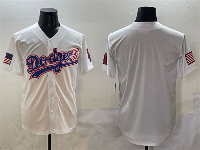 Los Angeles Dodgers Blank White With American Flag Patch Limited Stitched Baseball Jersey
