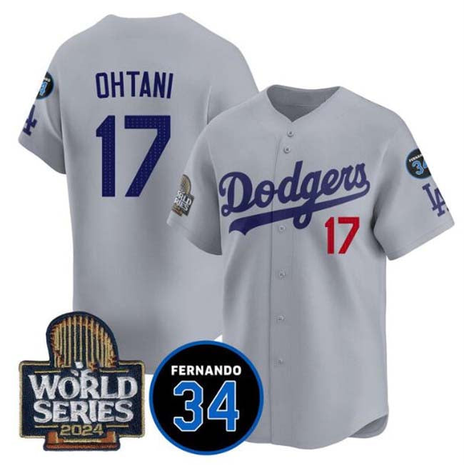 Los Angeles Dodgers #17 Shohei Ohtani Grey 2024 World Series With Fernando Memorial Patch Limited Stitched Baseball Jersey