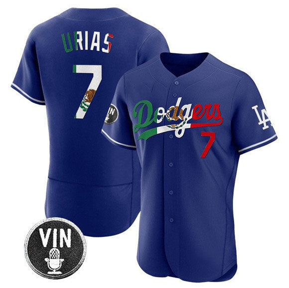 Los Angeles Dodgers #7 Julio Urias Royal Mexico Special Vin Scully Patch Flex Base Stitched Baseball Jersey