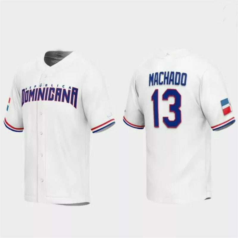 #13 Manny Machado Dominican Republic Baseball 2023 World Baseball Classic Replica Jersey C White Stitches Baseball Jerseys