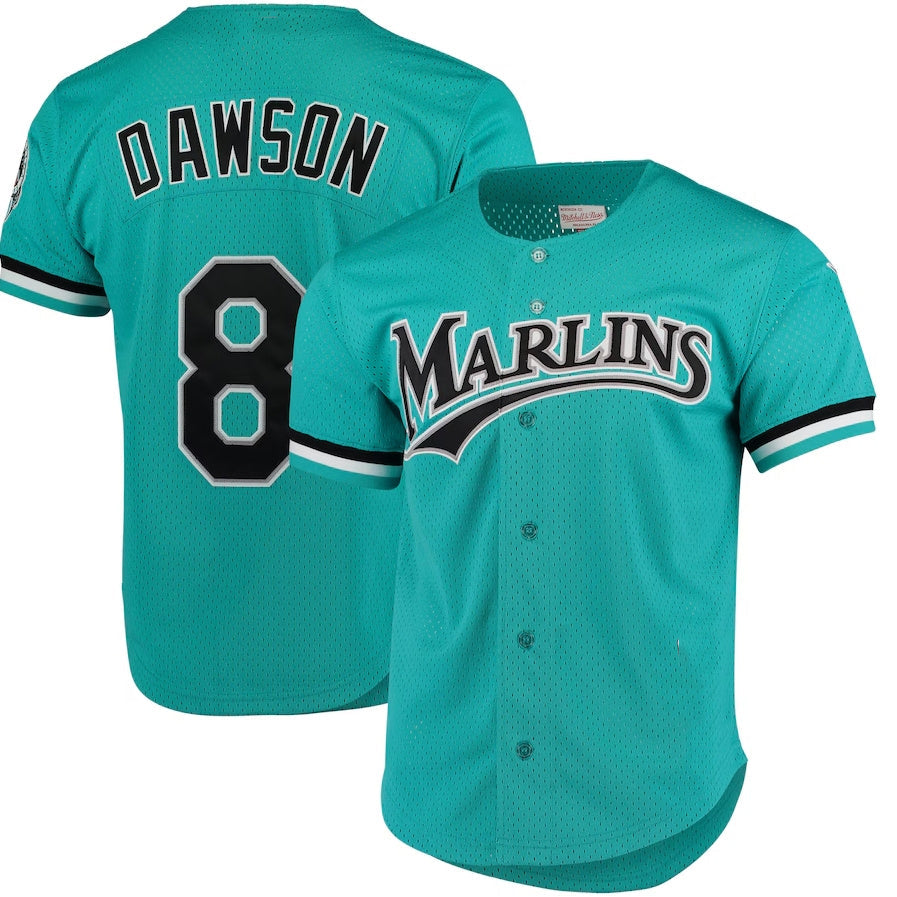 Miami Marlins #8 Andre Dawson  Cooperstown Collection Mesh Batting Practice Button-Up Jersey - Teal Stitched Baseball Jersey