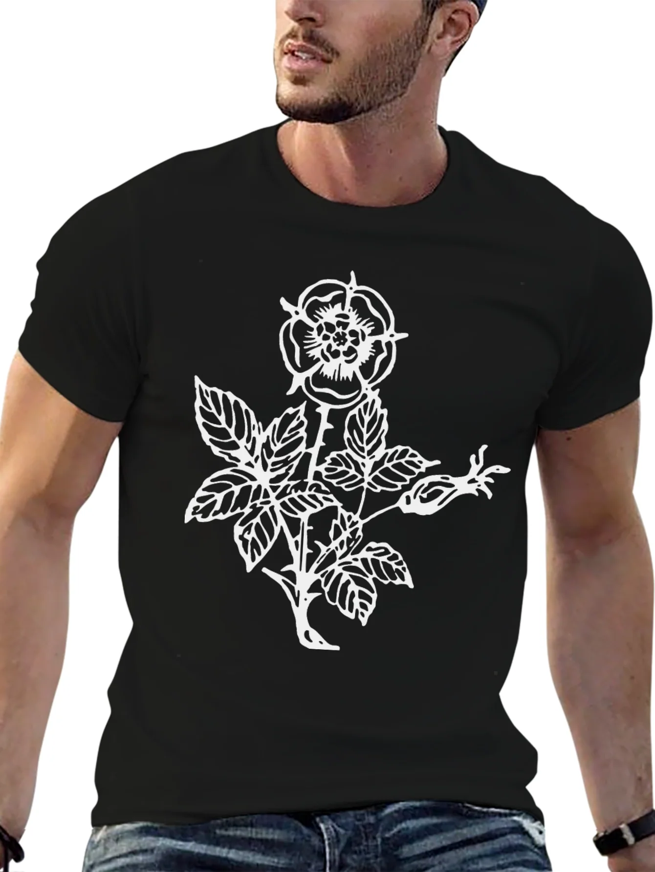Black T-Shirt with Floral Rose Graphic