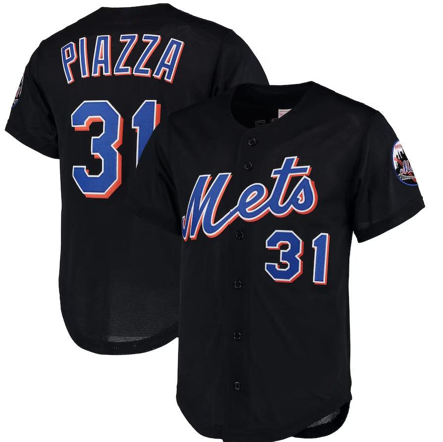 New York Mets #31 Mike Piazza Black  Cooperstown Collection Mesh Batting Practice Button-Up Jersey Baseball Jerseys