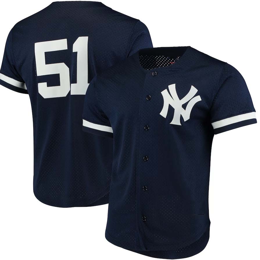 New York Yankees #51 Bernie Williams  Cooperstown Collection Mesh Batting Practice Button-Up Jersey - Navy Stitches Baseball Jerseys