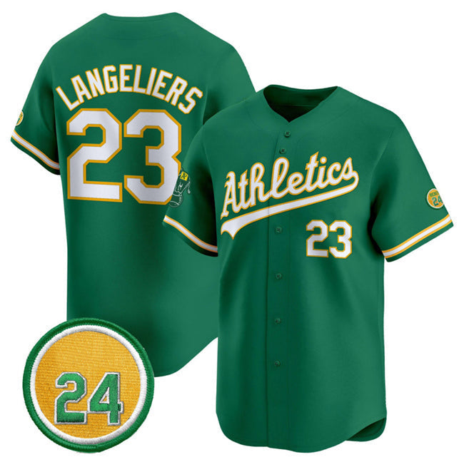Oakland Athletics #23 Shea Langeliers Green 2024 Limited With Rickey Henderson Patch Stitched Baseball Jersey