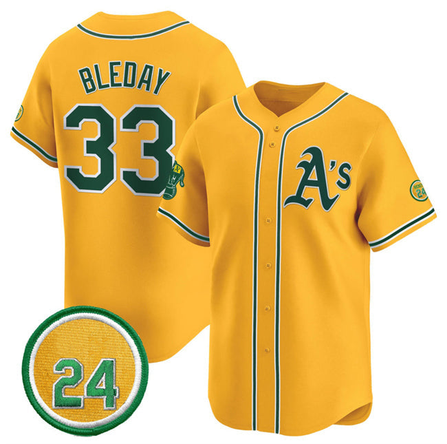 Oakland Athletics #33 JJ Bleday Yellow 2024 Limited With Rickey Henderson Patch Stitched Baseball Jersey