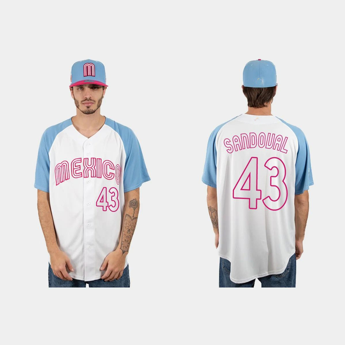 #43 PATRICK SANDOVAL MEXICO BASEBALL 2023 WORLD BASEBALL CLASSIC JERSEY C WHITE BLUE Stitches Baseball Jerseys