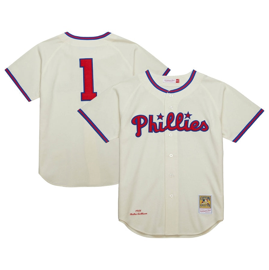 Philadelphia Phillies #1 Richie Ashburn  Cooperstown Collection 1948 Authentic Jersey - Cream Baseball Jersey