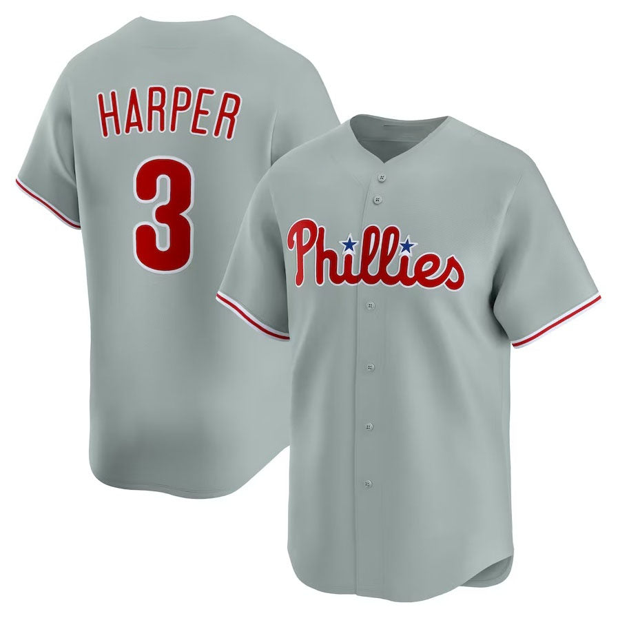 Philadelphia Phillies #3 Bryce Harper Road Limited Player Jersey - Gray Stitched Baseball Jersey