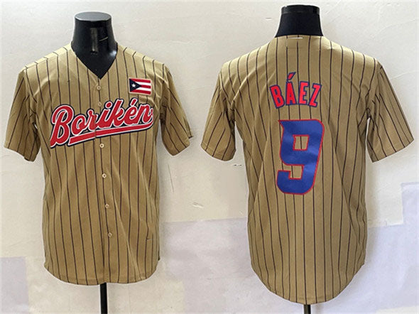 Puerto Rico Baseball #9 Javier Baez Tan 2023 World Baseball Classic Stitched Baseball Jersey