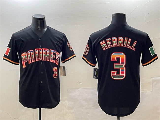 San Diego Padres #3 Jackson Merrill Black Mexico Cool Base Stitched Baseball Jersey