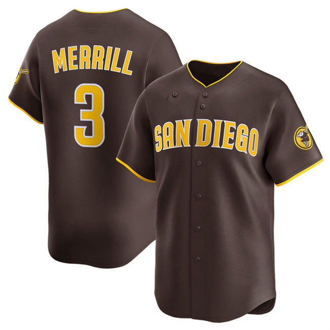 San Diego Padres #3 Jackson Merrill Brown 2024 Away Limited Stitched Baseball Jersey