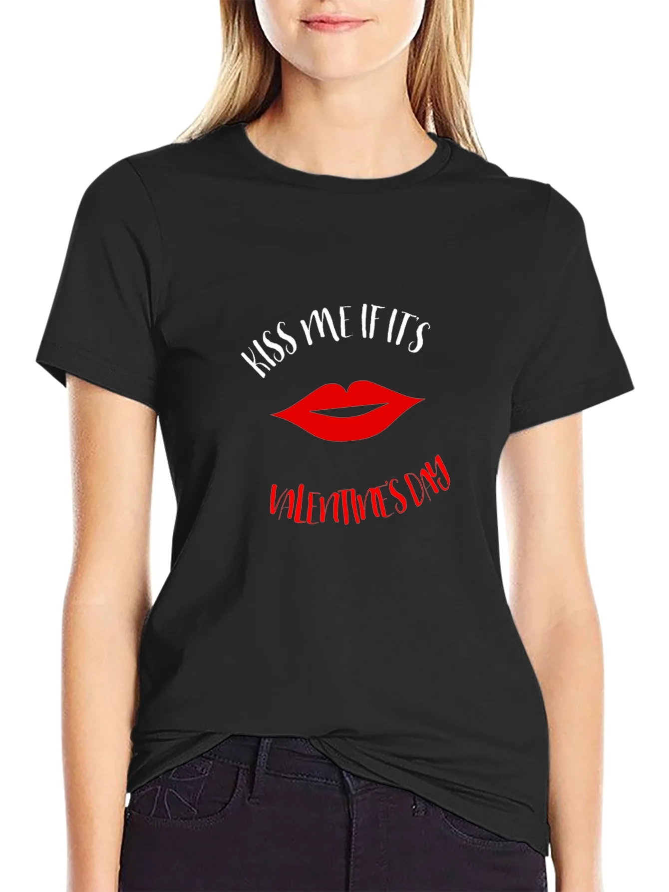 Kiss Me Valentines Day Graphic Tee - Black