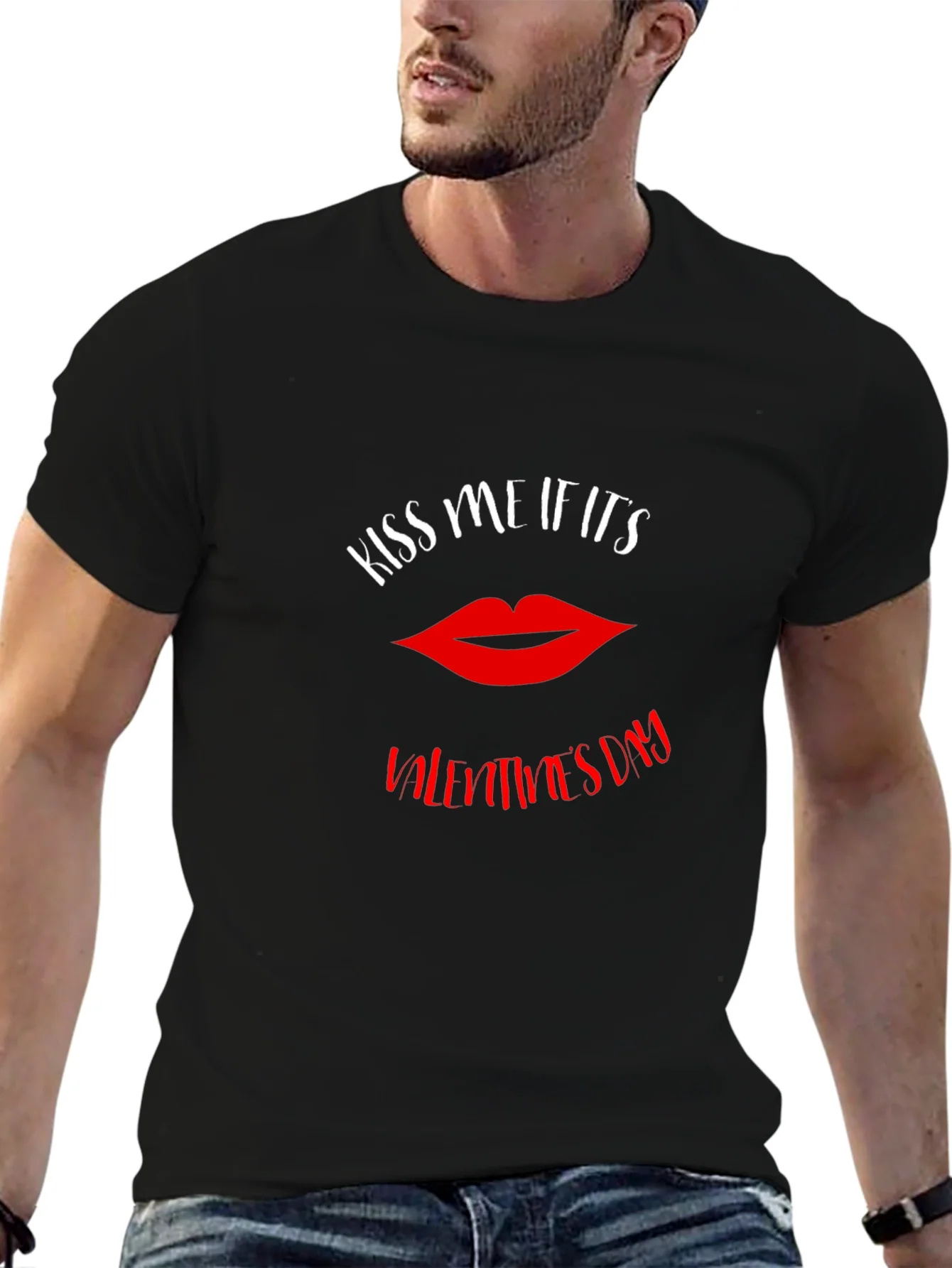 Kiss Me Valentines Day Graphic Tee - Black