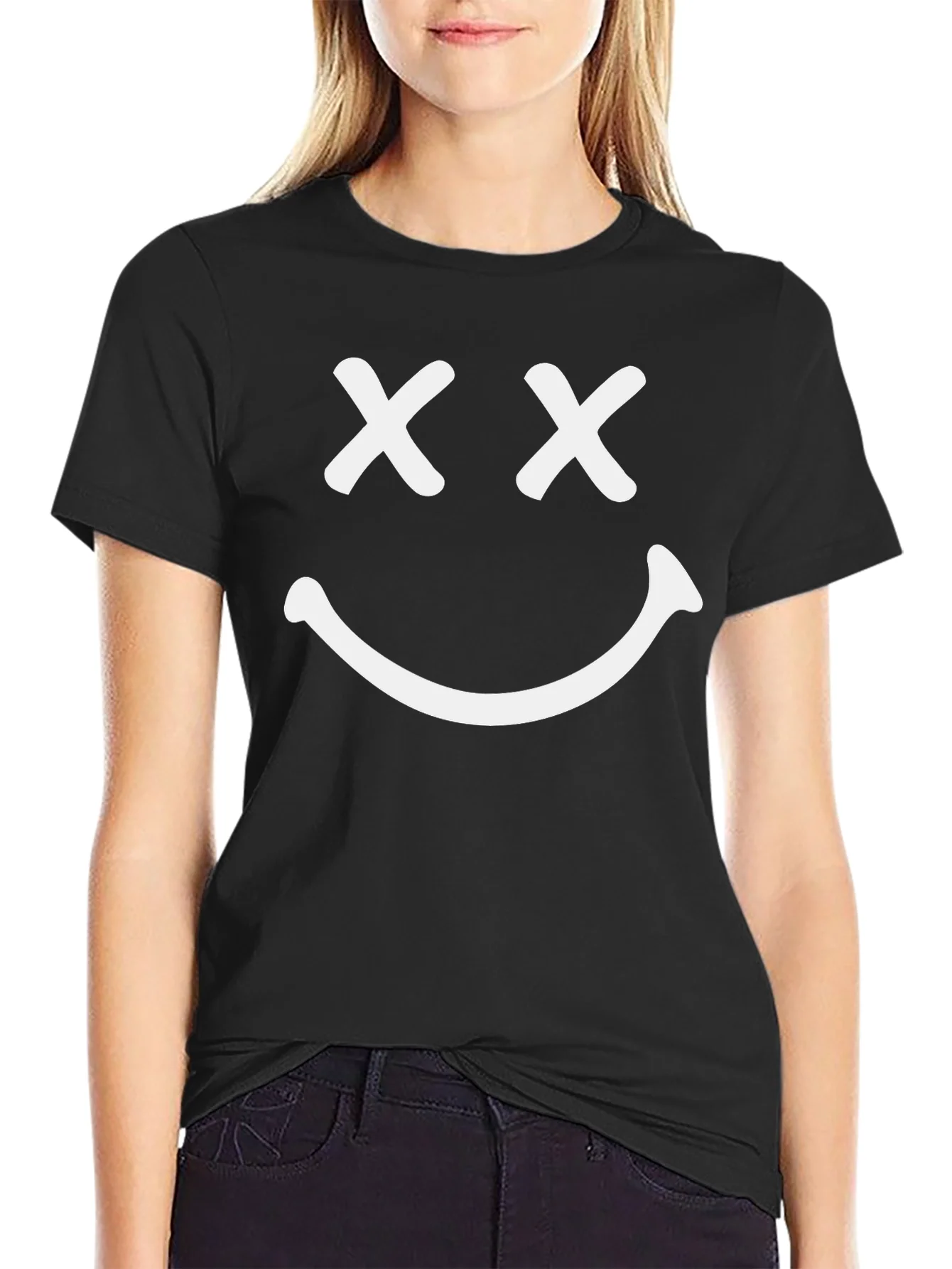 Smiley Face Graphic T-Shirt - Casual Black Tee