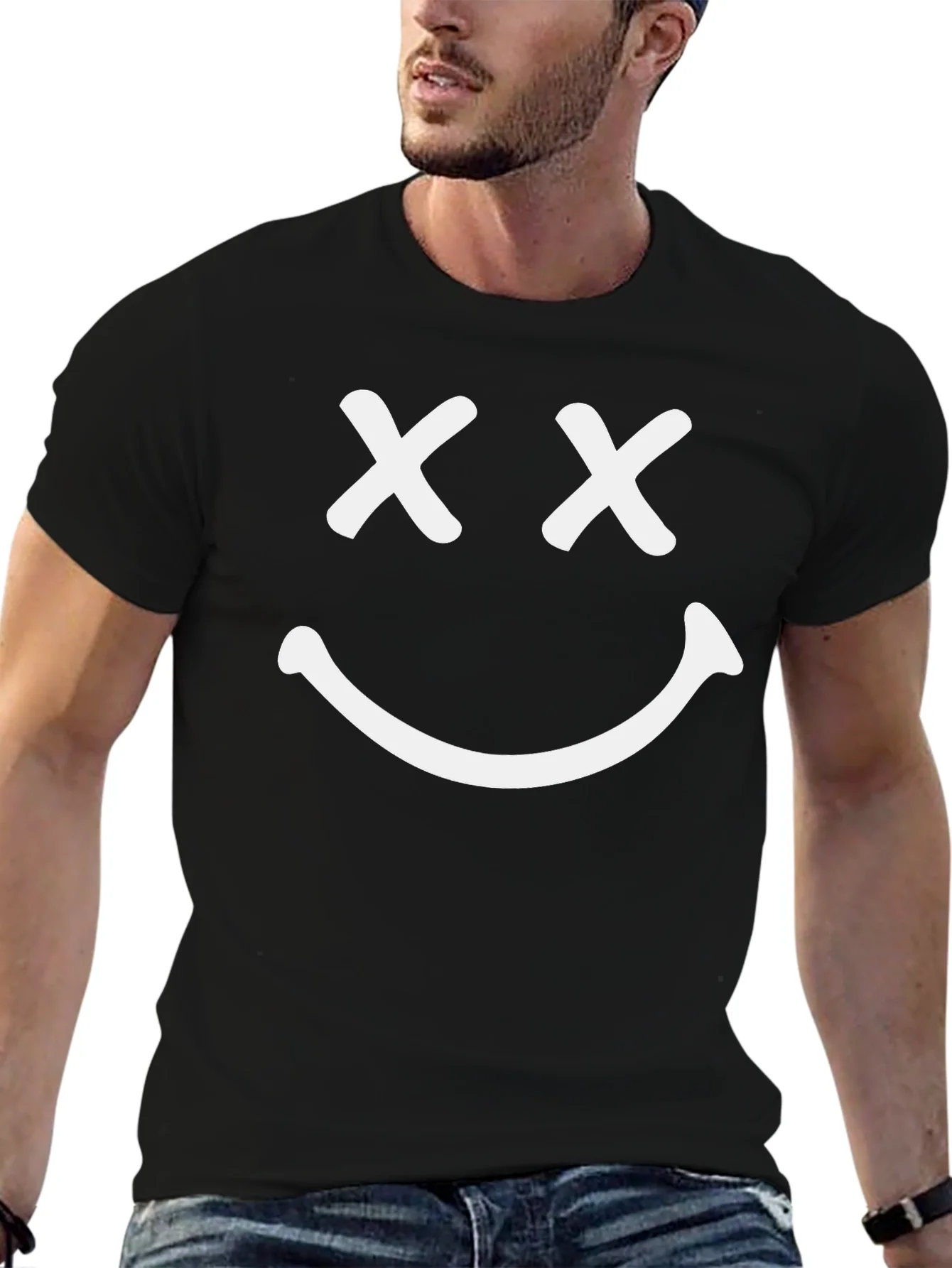 Smiley Face Graphic T-Shirt - Casual Black Tee