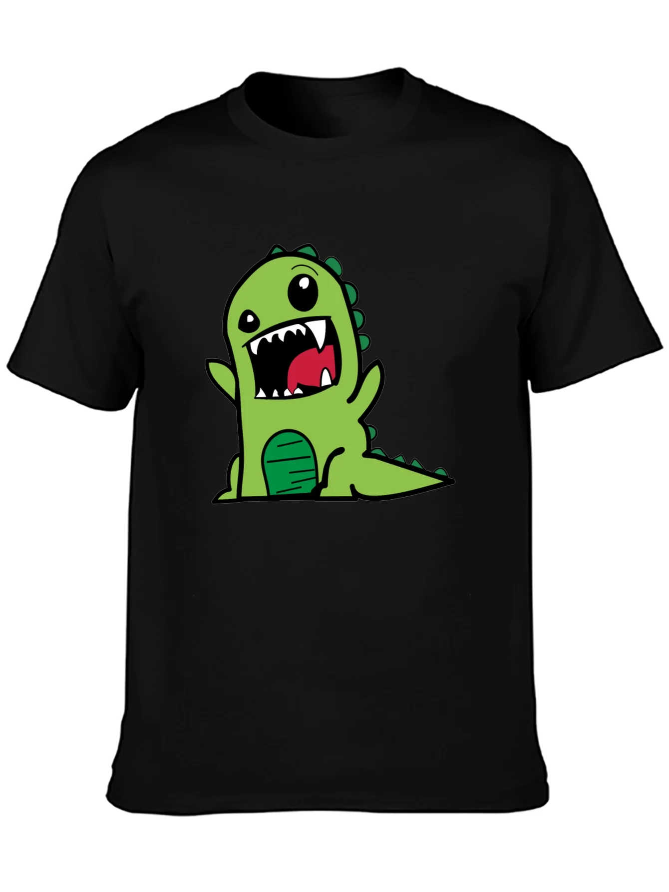 Cartoon Dino Graphic Tee - Black Cotton T-Shirt