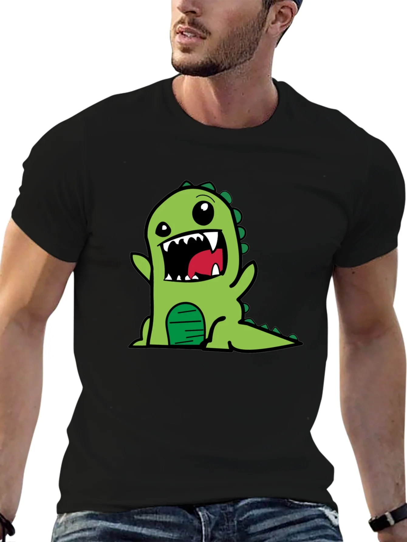 Cartoon Dino Graphic Tee - Black Cotton T-Shirt
