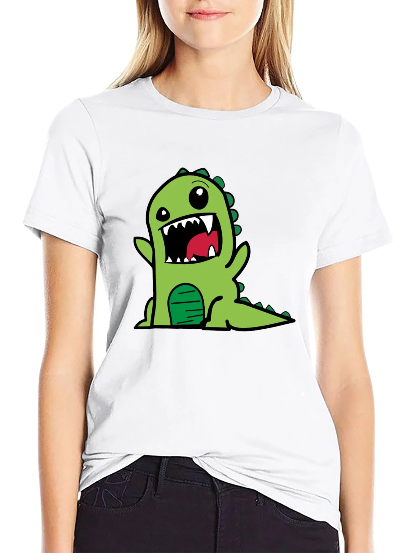Cartoon Dino Graphic Tee - Black Cotton T-Shirt
