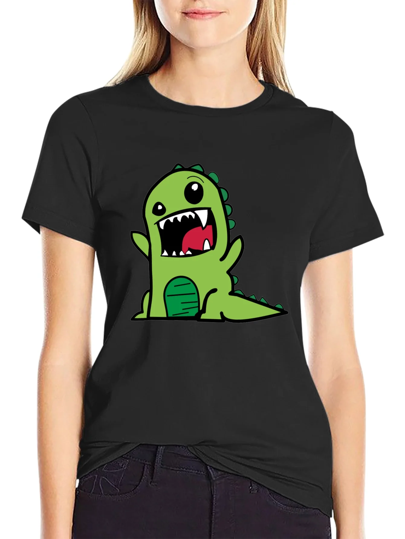 Cartoon Dino Graphic Tee - Black Cotton T-Shirt