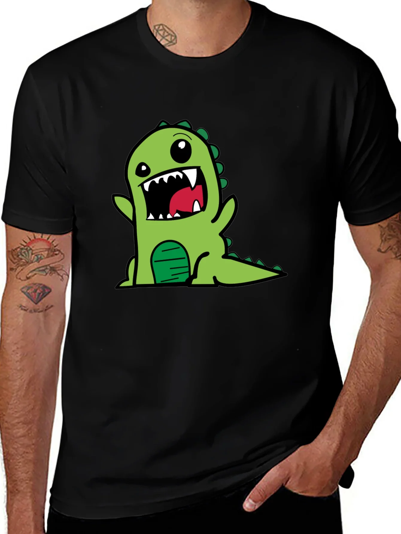 Cartoon Dino Graphic Tee - Black Cotton T-Shirt