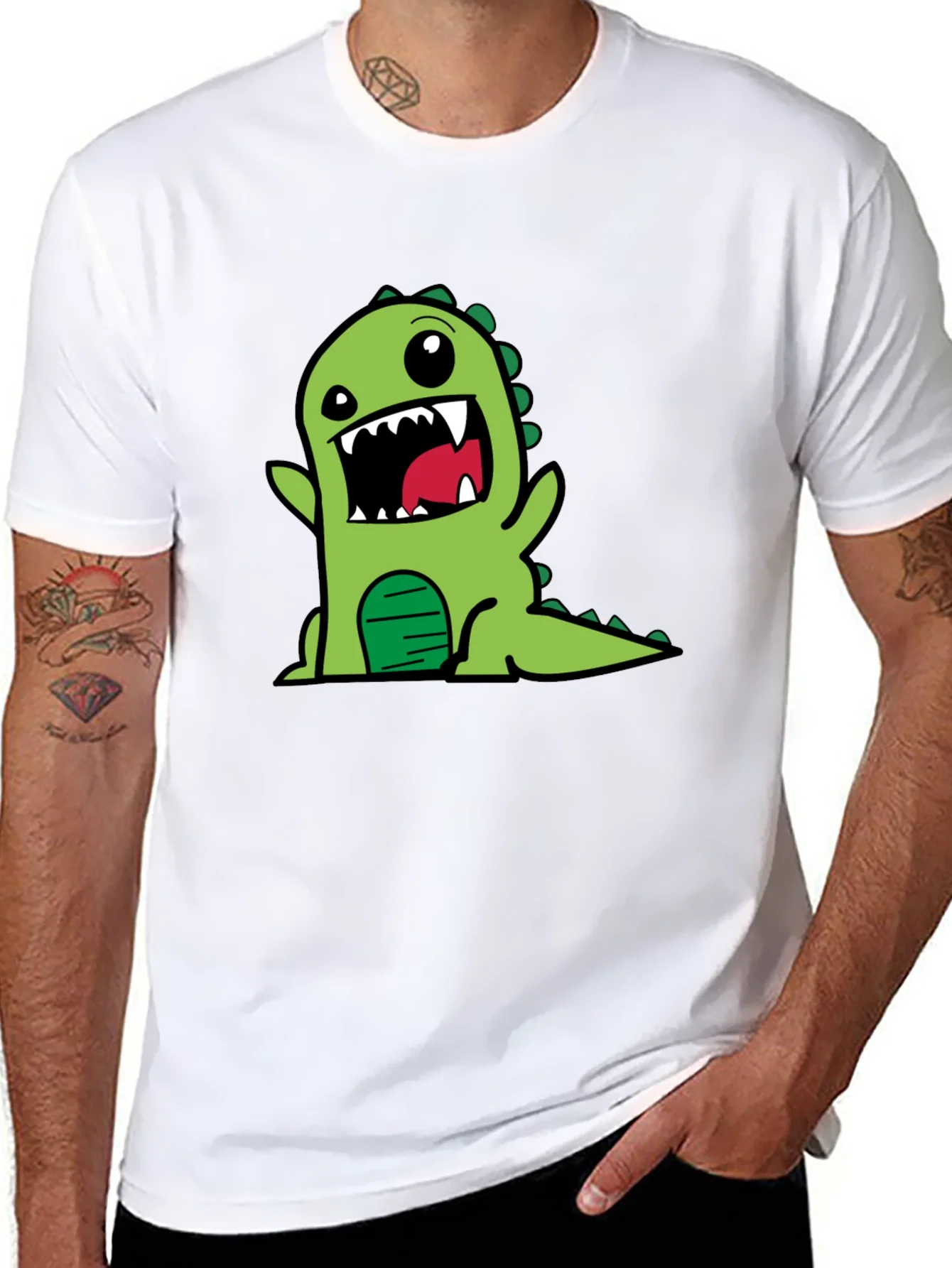 Cartoon Dino Graphic Tee - Black Cotton T-Shirt