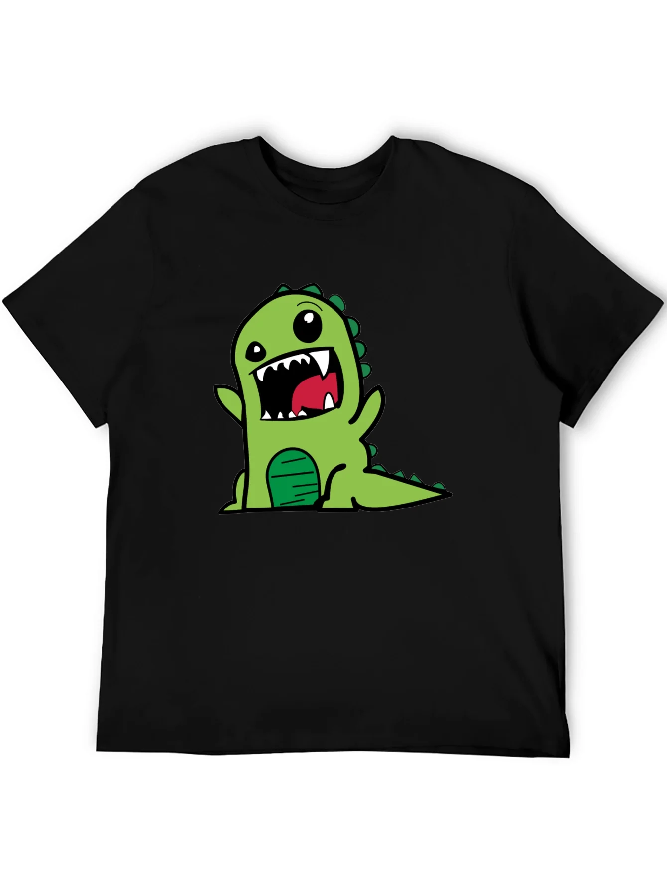 Cartoon Dino Graphic Tee - Black Cotton T-Shirt