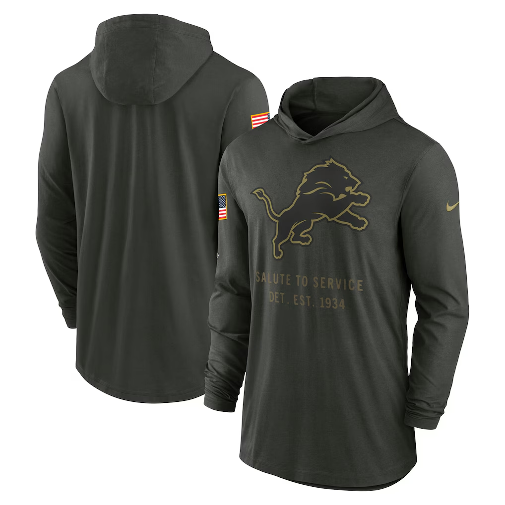 Men's Detroit Lions  Forest Green 2025 Salute to Service Sideline Dri-FIT Lightweight Hooded Pullover