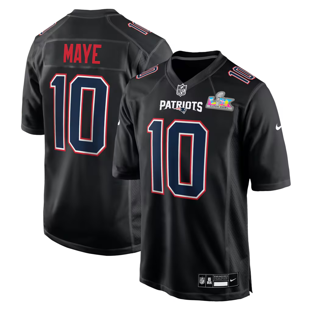 Men's New England Patriots Drake Maye Black Super Bowl LX Patch Carbon Fashion Game Jersey