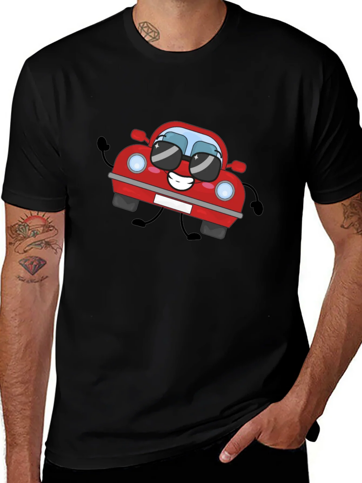 Cartoon Car Graphic T-Shirt - Black Cotton Tee